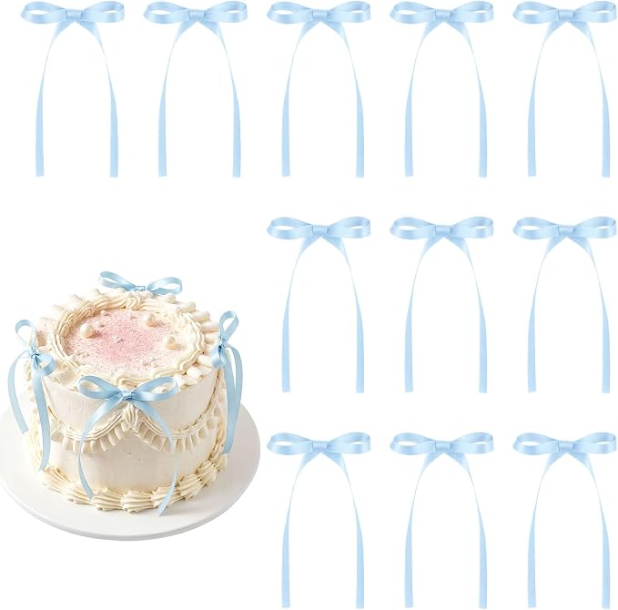 30 Pack Bow Cake Toppers Light Blue Ribbons Bows by NatNarr