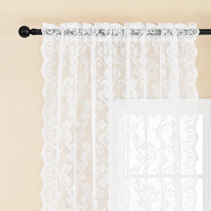 FOLKSIDE White Lace Curtains 63 Inch Length 2 Panels Set Western Paisley - Image 4