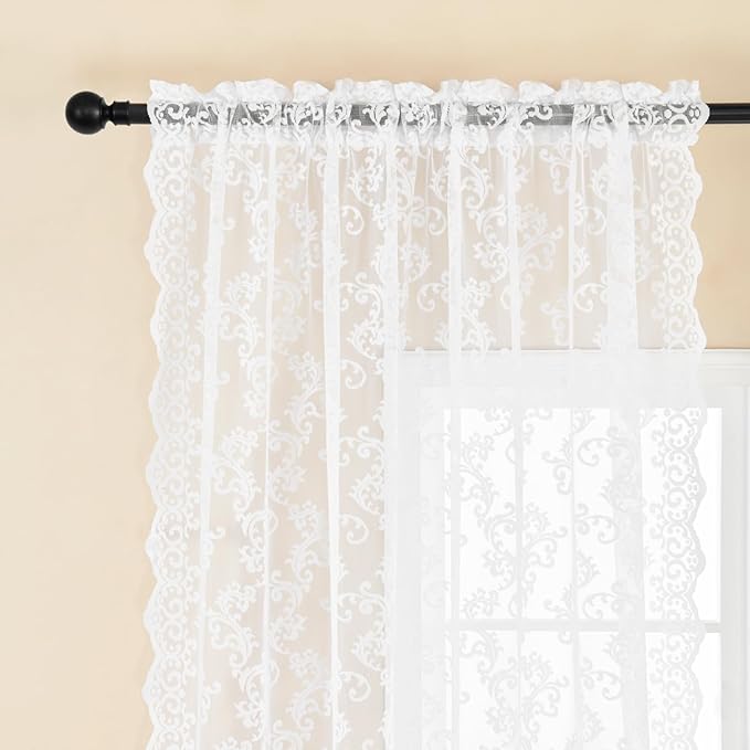 White Lace Curtains 80 Inches Long 2 Panels Paisley Pattern Victorian Lace - Image 4