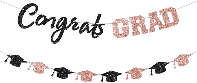 Prestrung Congrats Grad Banner Rose Gold and Black Graduation Banner by Blopee