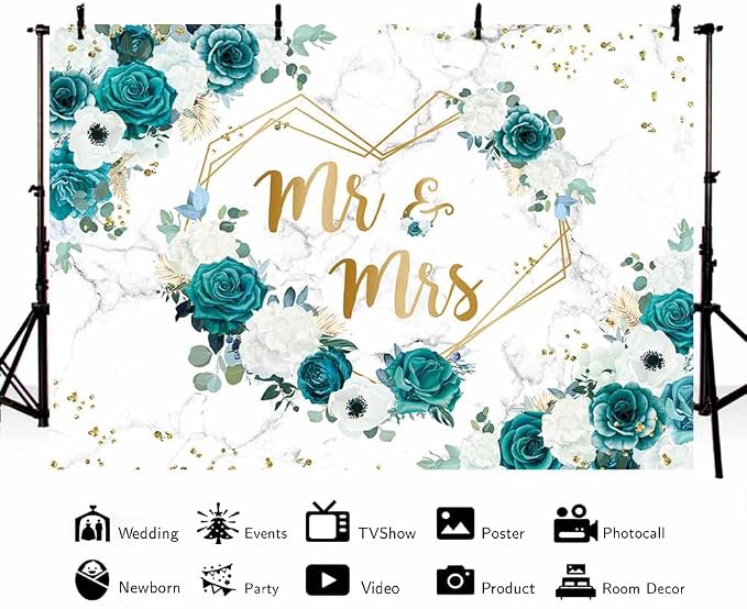 AIBIIN 7x5ft Green Mr and Mrs Floral Backdrop Teal Wedding Photography - Image 2