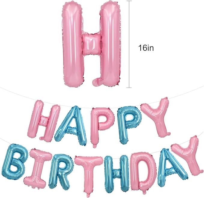 TONIFUL 16 Inch Pink Blue Happy Birthday Balloons Banner Decor - Image 2