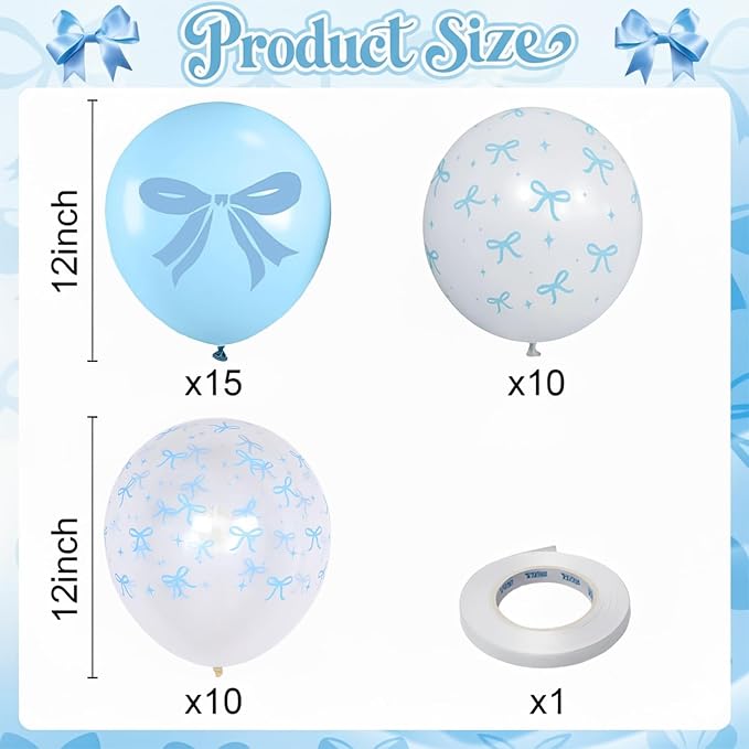 Blue and White Balloons Set, 12 Inch Light Baby Blue White Clear Bow Latex - Image 2