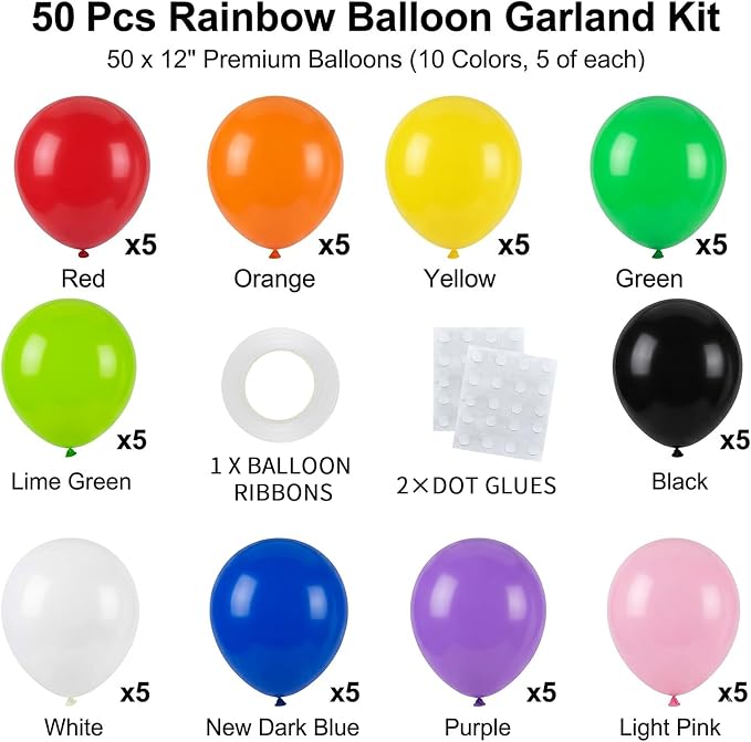 50pcs 12 Inch Premium Multicolor Rainbow Balloons | Helium Quality Colorful - Image 2