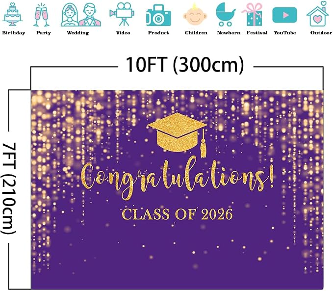 Mocsicka Class of 2026 Backdrop Purple Gold Glitter Bokeh Graduation Party - Image 4