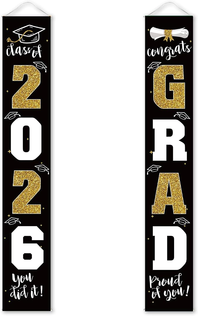 Graduation Decorations 2026 Banner Porch Sign Black Gold by ATFUNSHOP