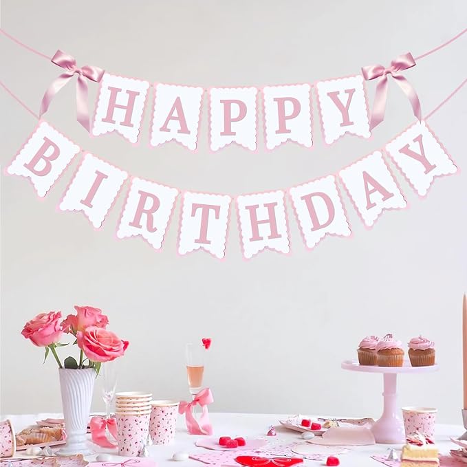 Bow Happy Birthday Banner for Bow Birthday Decorations Pink Bows Garland for - Image 2