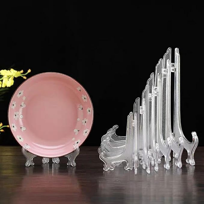 4 Pack 12 Inch Clear Plastic Easels or Stand/Plate Holders to Display Pictures or Other Items at Weddings, Plate Stands for Home Decoration, Birthday, Tables