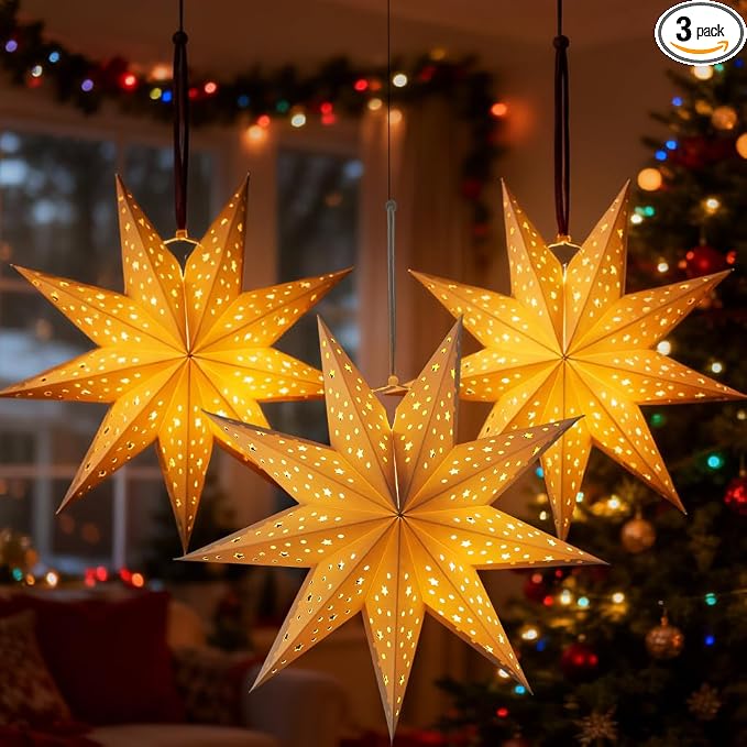 OSALADI 3Pcs Paper Star Lantern Lampshade 9 Pointed Star Hanging Decorations by OSALADI