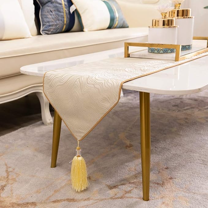 Avigers 12 x 59 Inch Decorative Luxury Abstract Striped Beige Table Runners with Tassels for Home Living Room Bedroom Art Decor Wedding