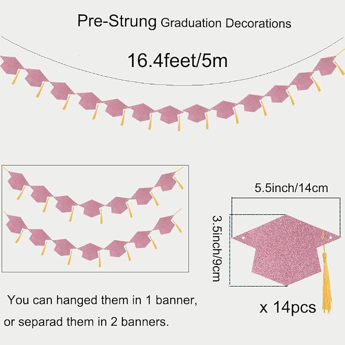 Graduation Decoration Banners 2026 Rose Gold Glitter Graduation Hats Banner | - Image 5