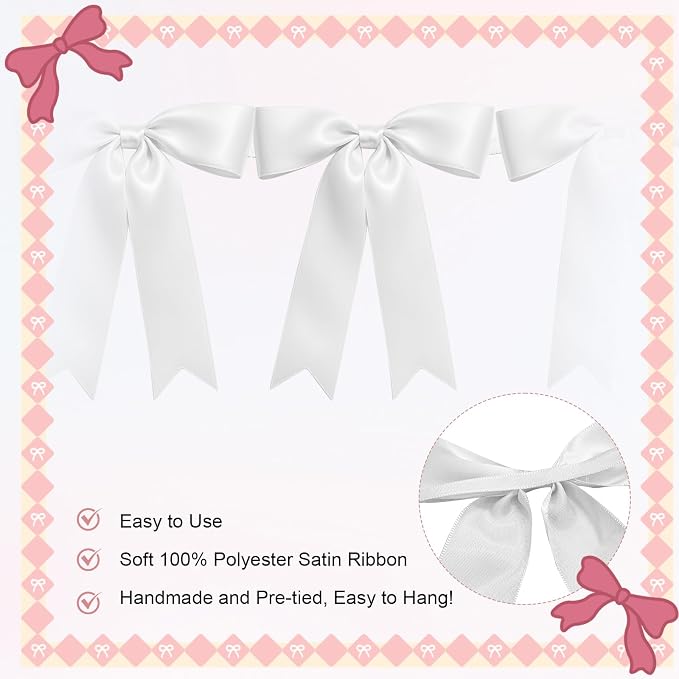 1 String of 8PCS White Bow Garland Banner Decoration, Pre-Strung Satin Ribbon - Image 3