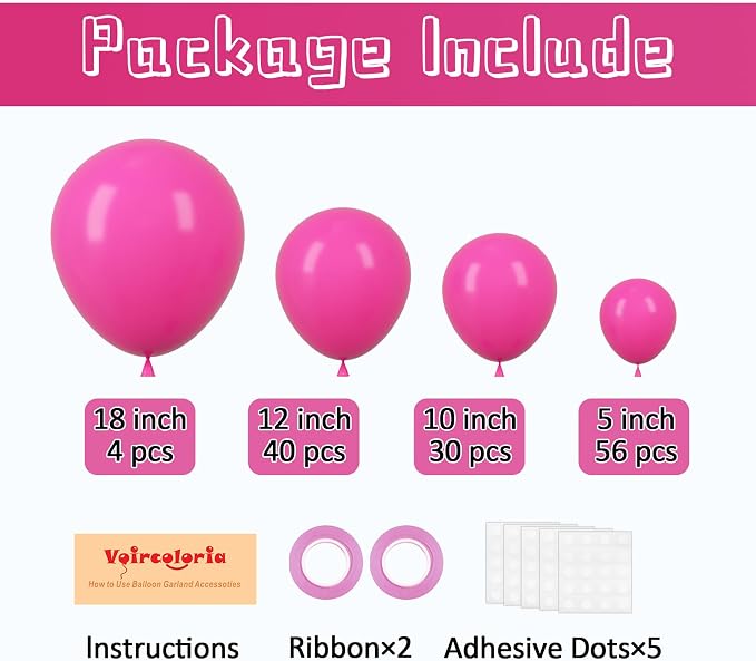 Voircoloria 130pcs Hot Pink Balloons Garland Arch Kit, 18 12 10 5 Inch | - Image 2