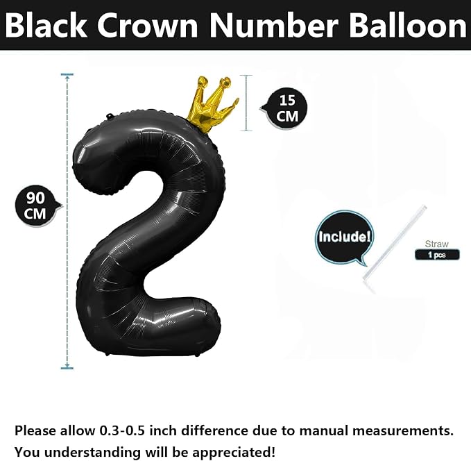 Black Number 2 Balloon with Crown, 40 inch Black Number Balloon 2nd Birthday - Image 2