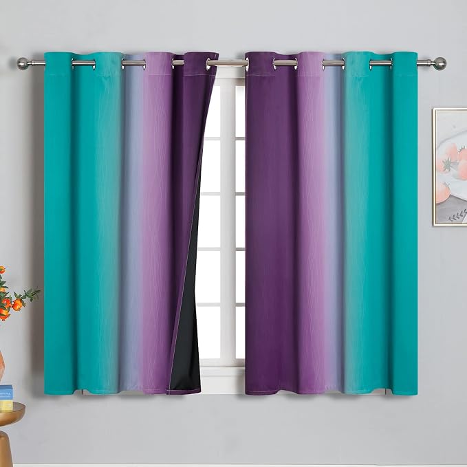 Ombre Teal and Purple Blackout Curtains 2 Panels, Grommet Thermal Insulated - Image 2