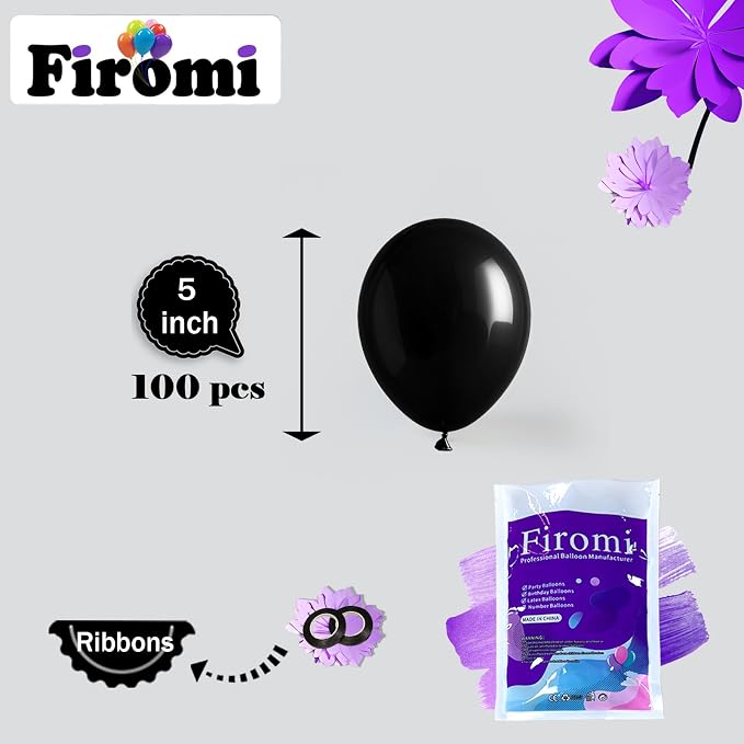 Firomi Small Black Balloons 5-inch 100 Pack | Helium Metallic Shiny Round Black - Image 2