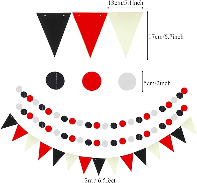 ZERODECO Party Decoration, 21 Pcs Black and Red Hanging Paper Fans Pom Poms Flowers, Garlands String Polka Dot and Triangle Bunting Flags for Minnie Mouse Birthday Parties Baby Showers Wedding