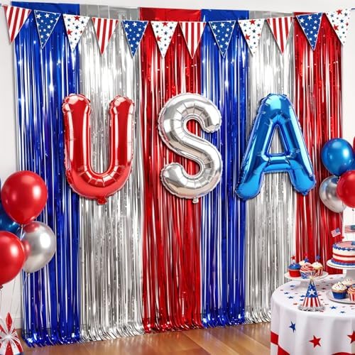Veterans Day Decorations, 6PCs Labor Day Decorations Red White and Blue 4 of July Streamers Patriotic Foil Fringe Curtains Photobooth Props Party Backdrop for USA Independance Day Decor Memorial Day by Unknown