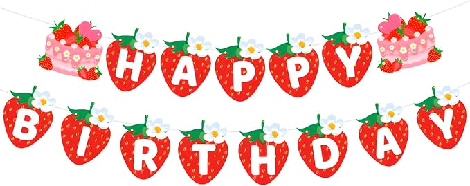MEETINGU Strawberry Cake Happy Birthday Banner, Strawberry Themed Birthday by MEETINGU