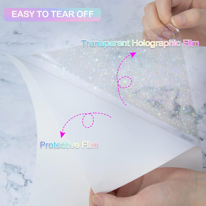 24 Sheets Holographic Sticker Paper Transparent Holographic Laminate Sheets Self Adhesive Glitter Film Laminating Sheets Clear Waterproof Vinyl Overlay for DIY Crafts, 8.5 x 11 inch Star Pattern