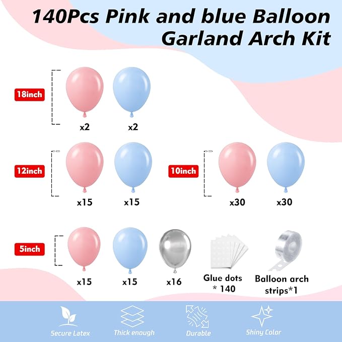 140Pcs Gender Reveal Balloon Garland Arch Kit - Image 2