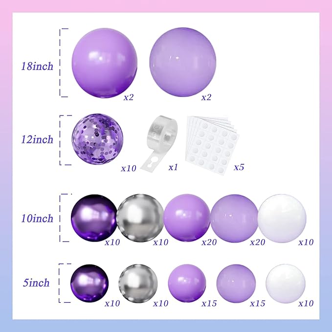 Purple Balloons Garland Arch Kit,144pcs Lavender Purple Pastel Purple Confetti Balloons with Silver White Ballons for Girl Butterfly Bridal Shower Princess Birthday Wedding Party Decoration