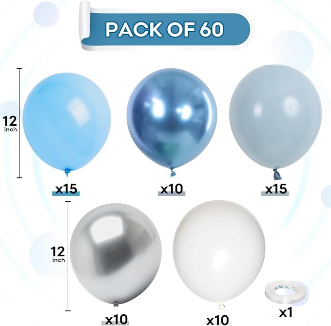 60 Pcs Baby Blue and Silver Balloons, 12 Inch Light Blue Dusty Pale Blue White - Image 2
