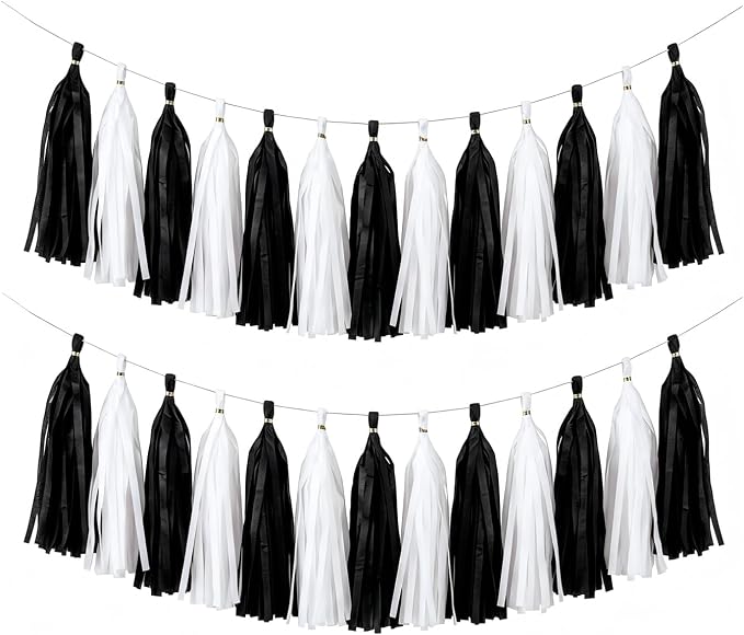Black White Tassel Garland Banner, 30 Pack Paper Tassels Streamers by SIPRKAICT