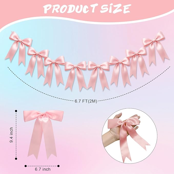 1 String of 8PCS Pink Bow Garland Banner Decoration, Pre-Strung Satin Ribbon - Image 2