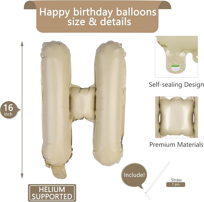 Beige Happy Birthday Balloons Banner 16 Inch Mylar Foil Letters - Image 2