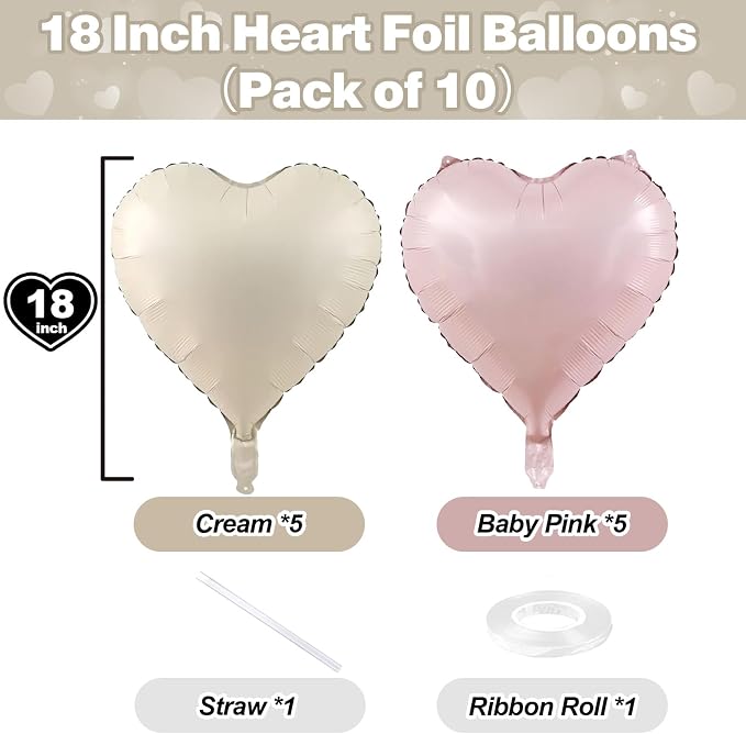 Pink White Heart Balloons, 18 Inch Baby Pink and Cream Helium Foil Heart - Image 2