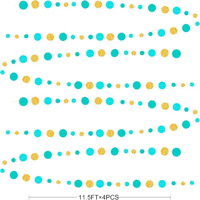 Teal Gold Party Polka Dot Garland Banner Aqua Turquoise Glitter Gold Hanging - Image 2