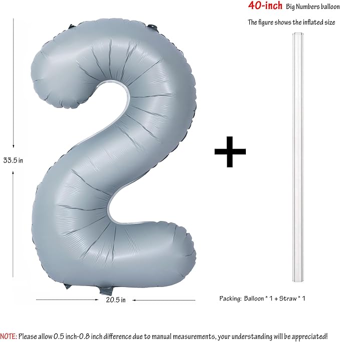40 In Matte Gray Number 2 Balloons Helium Foil Mylar Balloon Digit 2 | - Image 2