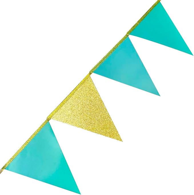 Teal Aqua Blue and Gold Party Decorations Pennant Banner Flag Hanging Glitter - Image 5
