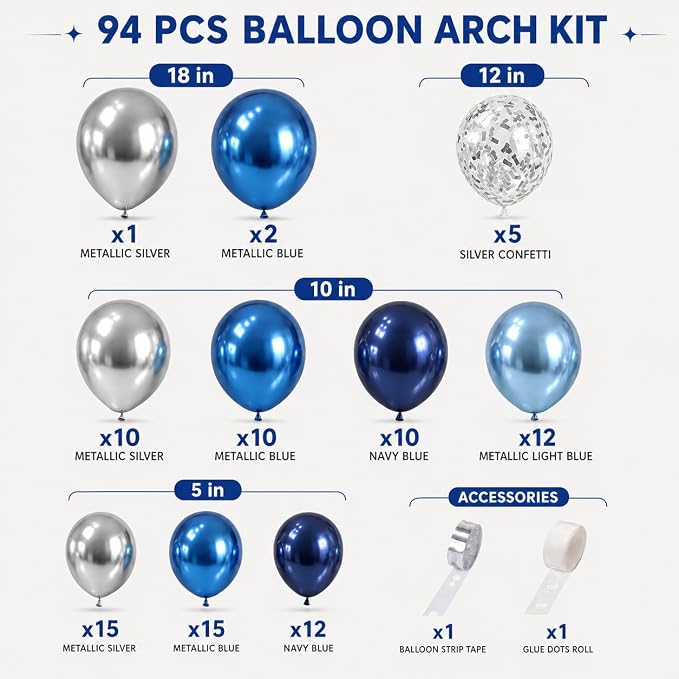 Jobkoo Blue and Silver Balloon Arch Kit - Image 2