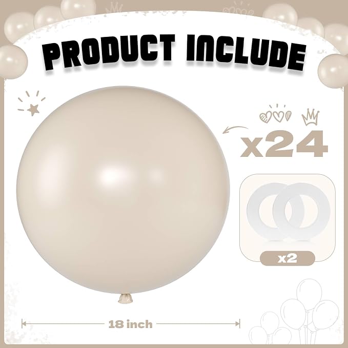 Sand White Balloons 18 Inch 24 Pack Matte Helium Latex Round Balloons - Image 2