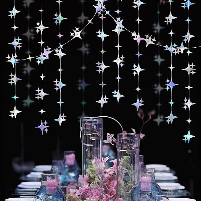 Glitter Iridescent Four-Angle Star Paper Garland Banner Décor 40 Feet by Yilzo