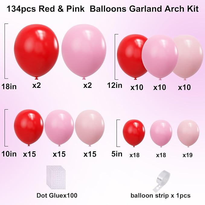 YMSZ Red and Pink Balloons Arch Kit, Valentines Balloons Arch Kit | 134pcs Pink - Image 2