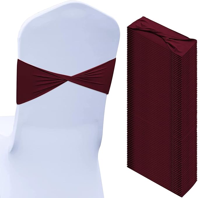 Kinlop 50 Pcs Spandex Chair Sashes Bows Chair Bands Slider Sashes for Covers Elastic Bands Ties Without Buckle Decorations for Wedding Party Events Ceremony Birthday(Burgundy)