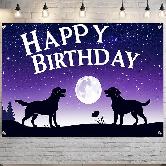 Happy Birthday Banner 71x43 Inch Dog Silhouette Moon Night Sky Backdrop - Image 5