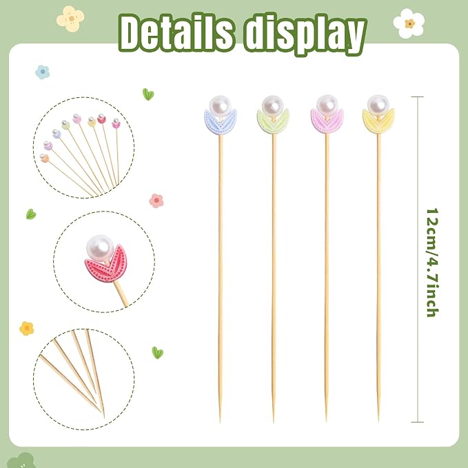 120 Pcs Tulip Cocktail Picks 4.7 Inch Pearl Flower Decorative Toothpicks - Image 2