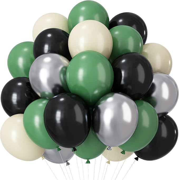 Green and Black Balloons, Graduation Balloon Metallic Silver Green Sand White by Paeyeq