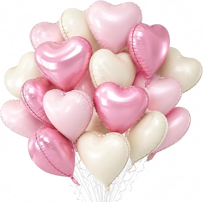 TONIFUL 30 Pcs 18 Inch Cream White Pink Heart Shape Foil Mylar Balloons | by TONIFUL