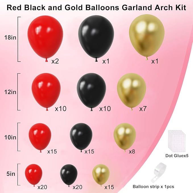 Red Black and Gold Balloons Arch Kit, 18 12 10 5 inch, - Image 2