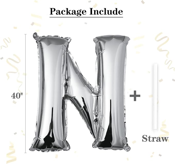 40 inch Silver Letter N Balloon, Big Size Alphabet Foil Mylar Helium Balloons - Image 2