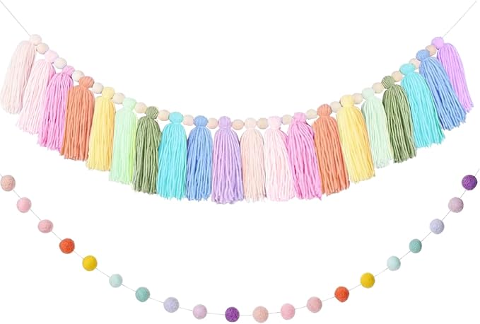 2 PCS Rainbow Boho Tassel Garland, 6.5 Feet Pom Pom Tassel 20 Felt Balls by Unknown