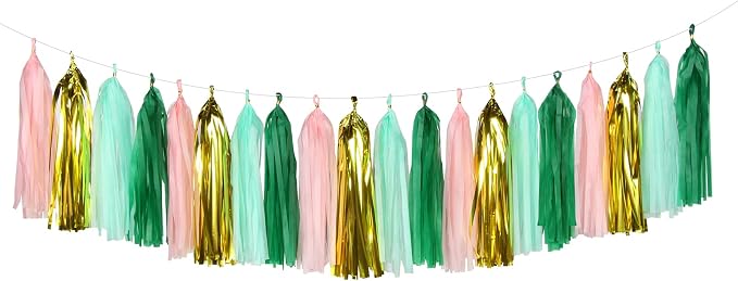 Sage-Green Pink-Gold Party-Decorations Tassel Garland by Panduola
