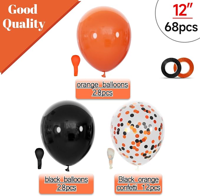 68Pcs Black and Orange Balloons, 12 inch Orange Black Latex Balloon Set - Image 2