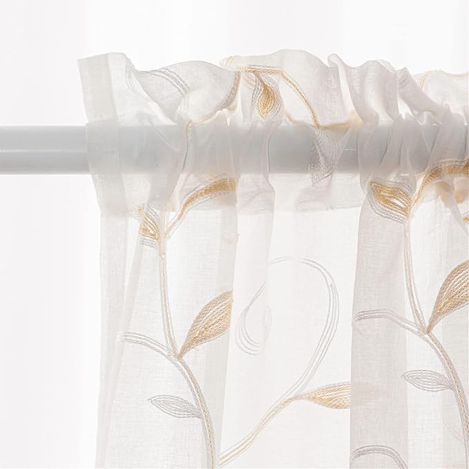 White Sheer Curtains Beige Embroidered Leaves 2 Panels 54Wx108L | Light - Image 6