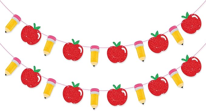 School Banner Garland For Back To School Decorations, Glitter Apple Pencil by Sereliy